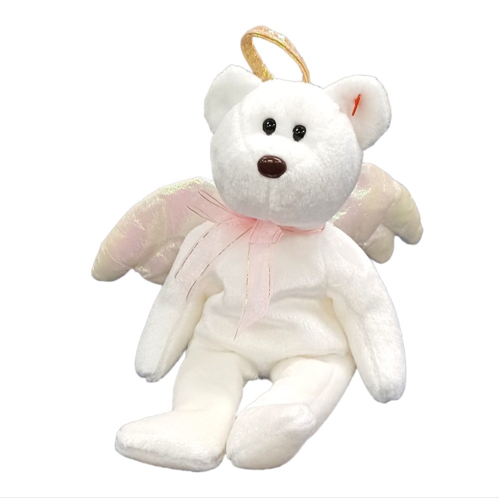 •Halo angel the white Ty beanie baby sitting bear PLush